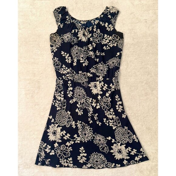 J Crew Womens Navy Floral Silk Midi Dress Size 12 Elastic Waist Scoop Neck - Picture 5 of 14